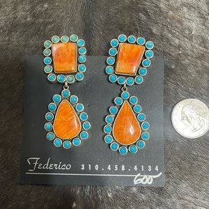 Federico Jimenez Blue Turquoise Orange Spiny Oyster Sterling Clip Earrings NWT